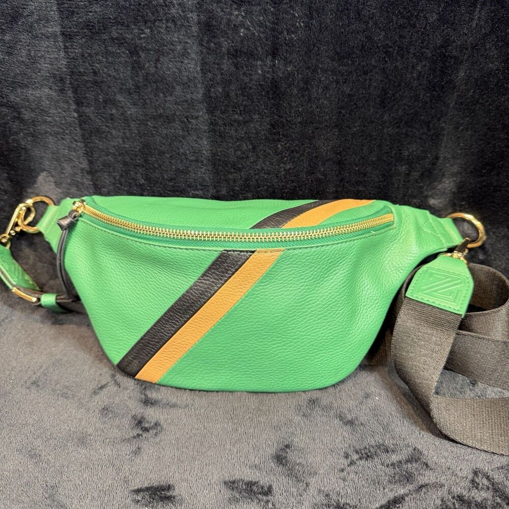Capital Z Soul Sister Sling Bag Green Leather Orange Black Stripe Crossbody